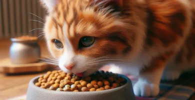 Imagen de un gato disfrutando de un plato de comida deliciosa y saludable