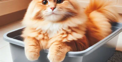 La imagen muestra a un gato usando una caja de arena con arena aglomerante. La arena aglomerante es un tipo de arena que se aglutina alrededor de los desechos sólidos, lo que facilita su limpieza. Esta imagen representa la importancia de mantener una caja de arena limpia para la salud e higiene de los gatos