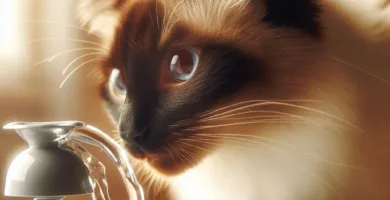 Una foto de un gato siamés bebiendo agua de un bebedero, transmitiendo comodidad y facilidad de uso. La imagen resalta la importancia de contar con accesorios adecuados para la alimentación e hidratación de los gatos.