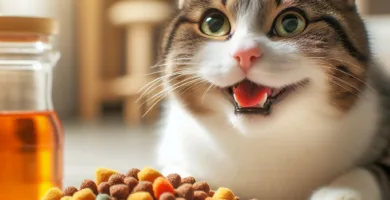 Una foto de alta calidad que muestra un gato feliz y saludable comiendo una comida deliciosa. La imagen transmite la importancia de una alimentación nutritiva para el bienestar de los gatos.