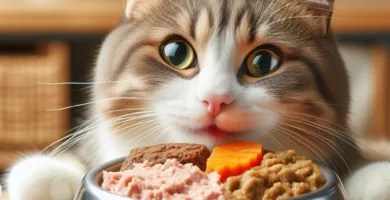 Una imagen de un gato disfrutando de un plato de comida húmeda con texturas y sabores atractivos. La imagen enfatiza la palatabilidad y el alto contenido de humedad de este tipo de alimento.