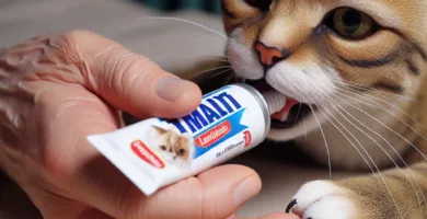 Foto de un gato comiendo pasta de malta. Esta imagen muestra cómo los gatos disfrutan de este tipo de aperitivos.