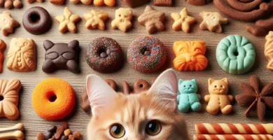 Una variedad de snacks para gatos en diferentes formas, colores y tamaños, dispuestos de manera atractiva. La imagen despierta el interés de los gatos y sus dueños.